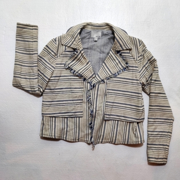 Anthropologie Greylin Striped Moto Blazer Jacket Women's XS Off White Blue - Picture 1 of 8